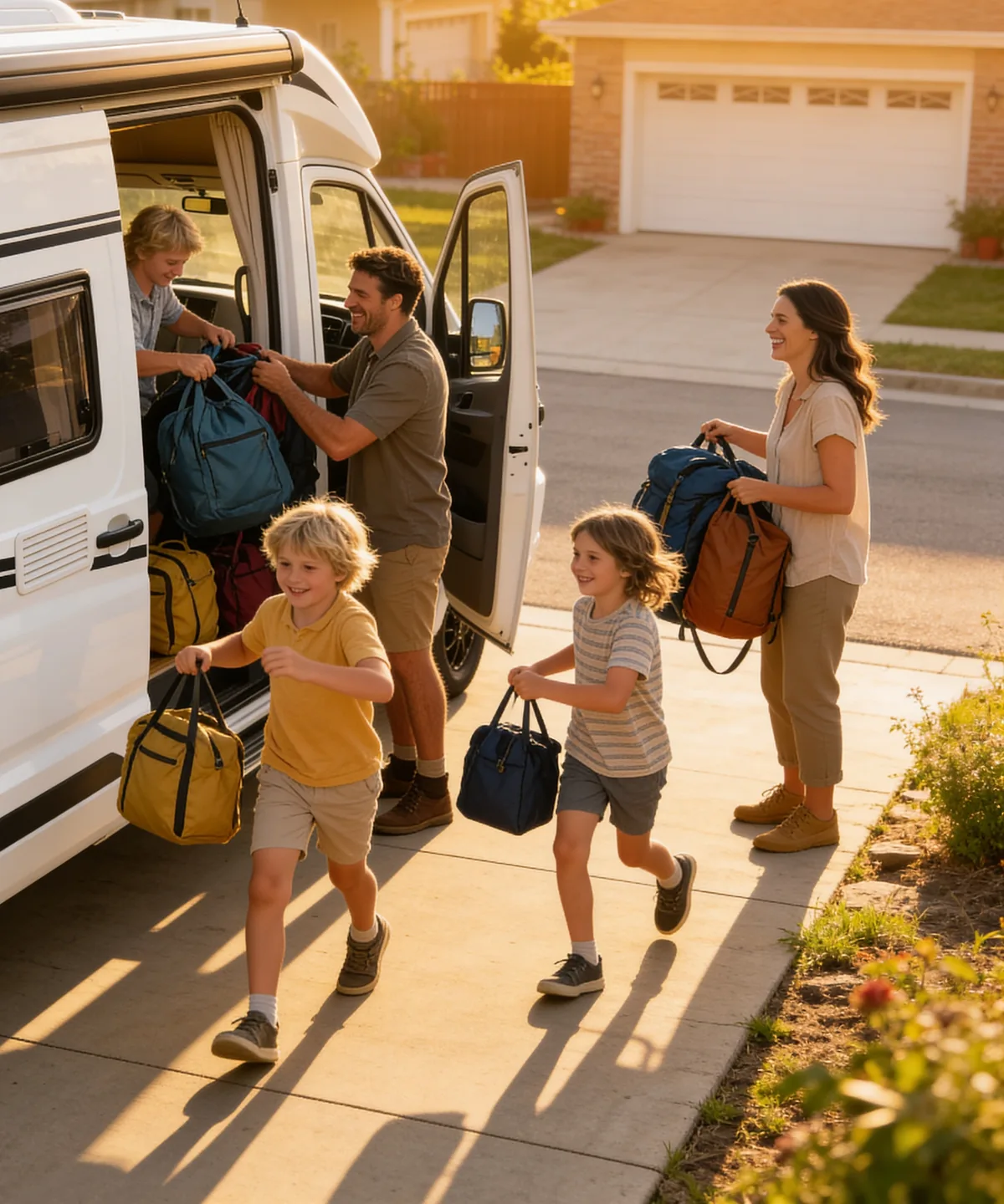 Familie belädt ihr Wohnmobil für den Urlaub