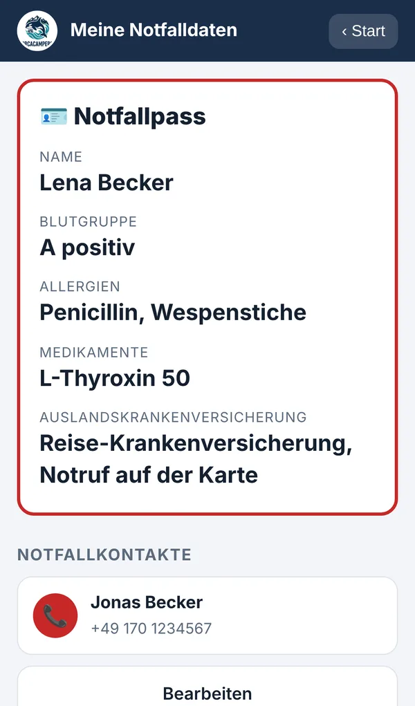 Notfallpass mit Allergien, Medikamenten und Notfallkontakt