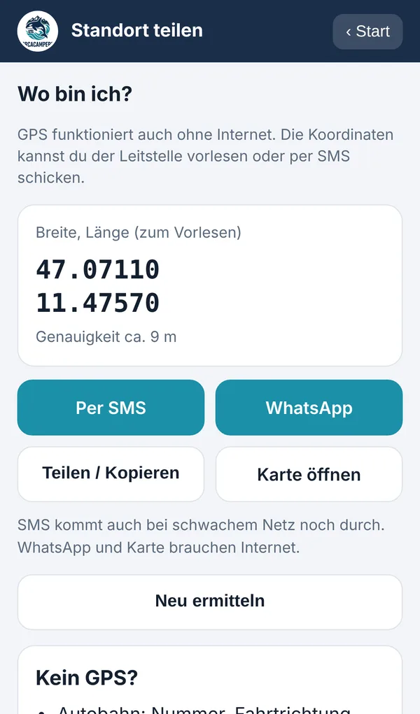Standort mit Koordinaten zum Vorlesen und Teilen per SMS