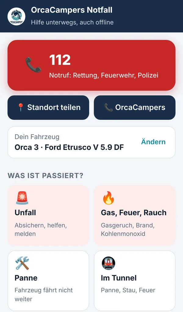 Startseite der Notfall-App mit 112-Knopf und Themen