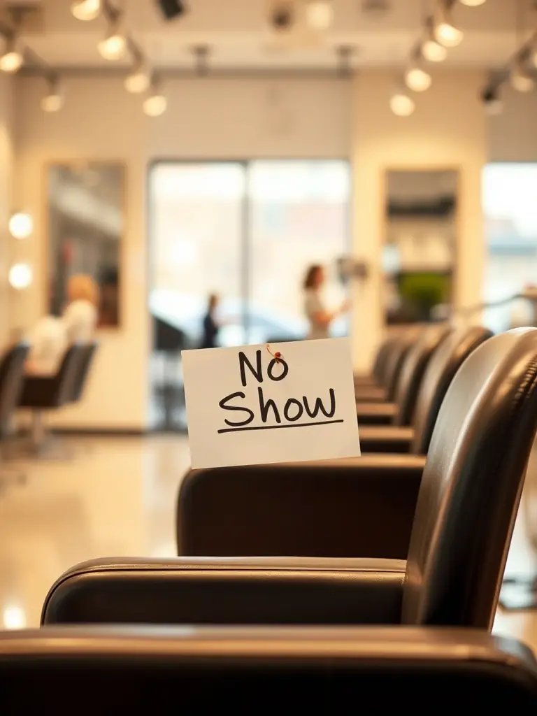 An empty salon chair with a 'No Show' sign, symbolizing lost revenue due to missed appointments and inefficient booking systems.