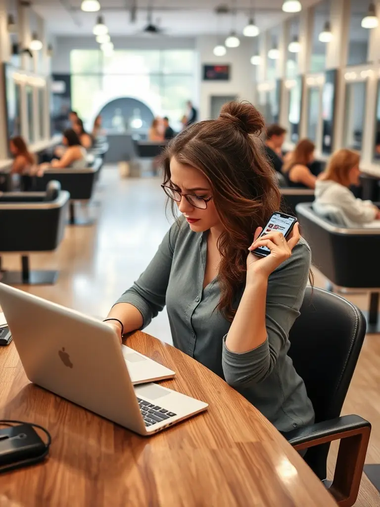 A stylist looking frustrated while trying to manage online bookings and social media, representing the difficulty of attracting and retaining clients.