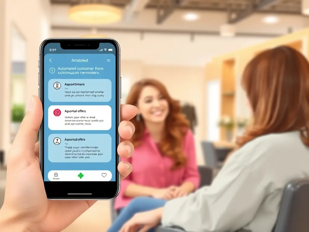 A digital illustration showing a smartphone displaying automated customer communication, such as appointment reminders and personalized offers, with a happy salon customer in the background.