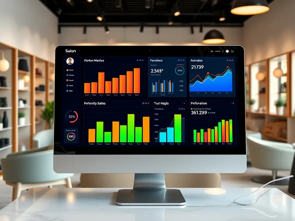 A digital illustration of a dashboard displaying key salon performance metrics, such as revenue, customer retention, and popular services, with a salon owner analyzing the data.