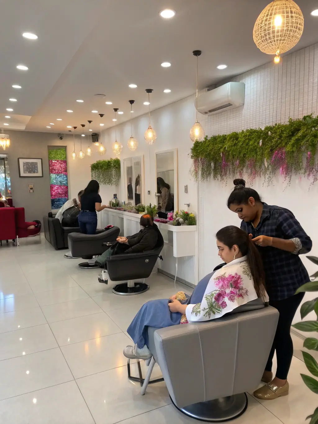 A busy salon reception area with phones ringing, stylists attending to clients, and staff looking stressed, representing the challenge of managing appointments and client communication.