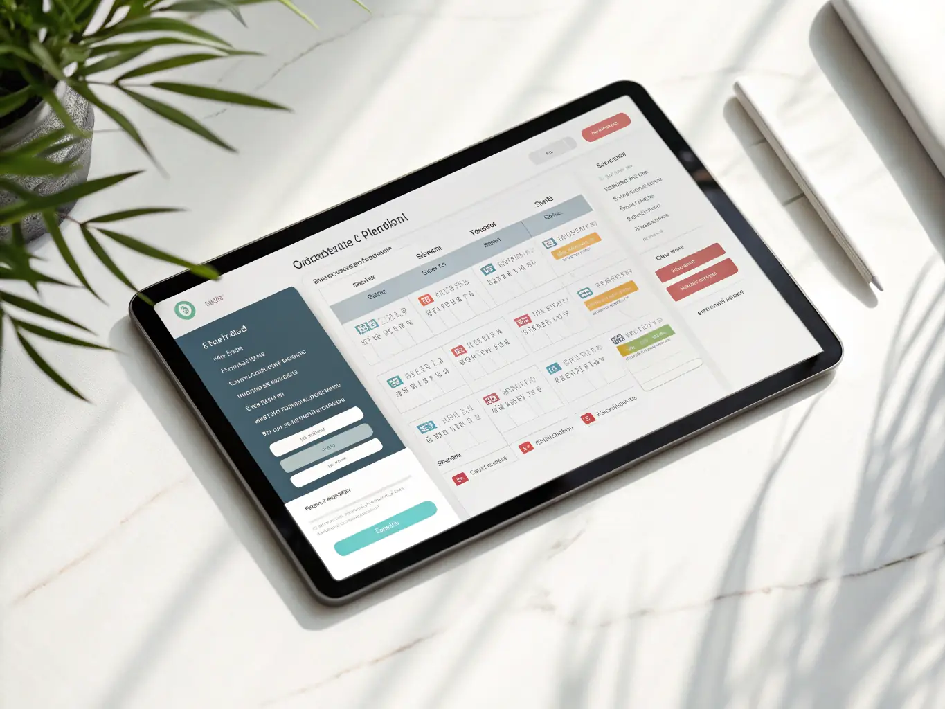 A digital illustration depicting a tablet interface showing an AI-powered scheduling system, with various appointments and customer details displayed neatly, set against a modern salon background.